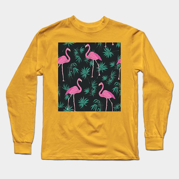 Pink Flamingo Seamless Pattern Long Sleeve T-Shirt by RubyCollection